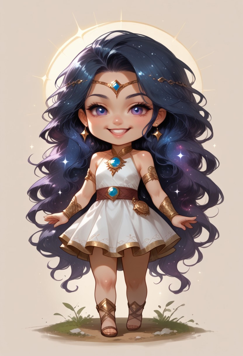 score_9, score_8_up, score_7_up, source_furry, solo, adorable chibi goddess, (flowing hair, long hair, Cosmic hair:1.4), happy, pointing at viewer, view from above, goddess dress, (chibi body, sparkling body, pristine body:1.4), (indirect lighting, dynamic lighting:1.4), simple background, chibi art style, (detailed image, high resolution, 5k resolution:1.0), (chibi art style, cartoon Art Style:0.95)