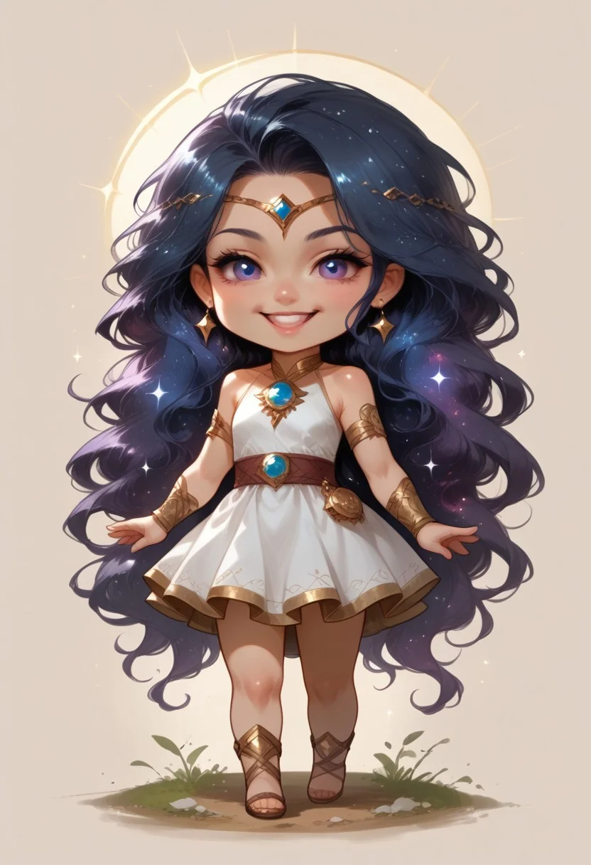 score_9, score_8_up, score_7_up, source_furry, solo, adorable chibi goddess, (flowing hair, long hair, Cosmic hair:1.4), happy, pointing at viewer, view from above, goddess dress, (chibi body, sparkling body, pristine body:1.4), (indirect lighting, dynamic lighting:1.4), simple background, chibi art style, (detailed image, high resolution, 5k resolution:1.0), (chibi art style, cartoon Art Style:0.95)