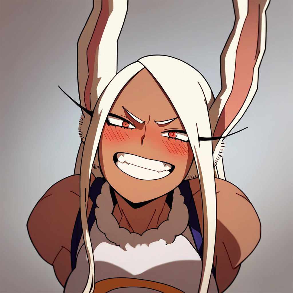 score_9, score_8_up, score_7_up, source_anime, expressive, anime,  dynamic, 1girl, Mirko\(my hero academia\), source_anime, my hero academia, Mirko, dark-skinned_female, white hair, grin, blush, uncensored, (TW1L1GHT0FTH3G0D5), source_hentai