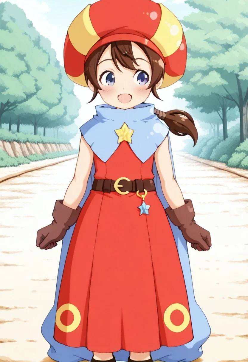 masterpiece,anime_coloring,anime_clothing,amazing_quality,Tokia_DMO, 1girl, solo,gloves, brown hair, ponytail,red yellow hat, star \(symbol\), cape, sleeveless,red dress, long dress,belt, Sandals, Bows and arrows, close-up face,open mouth,blush,smile,outdoor,