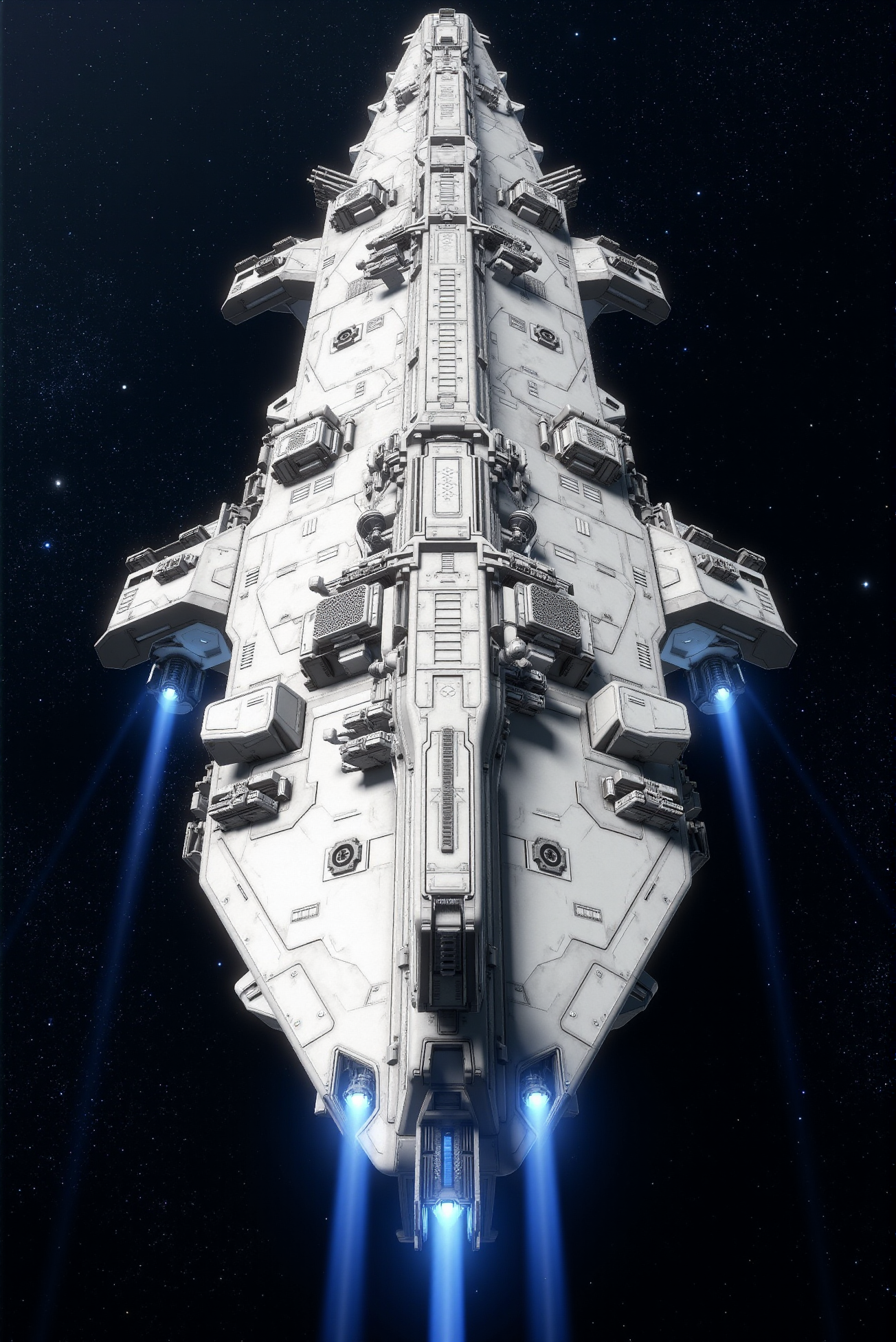 <lora:SpaceCraft_v.3:0.8>
A colossal dagger-shaped spacecraft glides through the void, its pale hull forming a perfect isosceles geometry encrusted with modular gun arrays, communications fins, and inset launch bays. The surface shows stark white plating with subtle panel line etching, dotted by gray mechanical recesses and glowing engine cores at the stern. Blue thruster exhausts stream faintly behind, scattering against the vacuum. The scene is cast in deep space with distant constellations twinkling faintlyâemphasized by sharp light falloff and near-perfect contrast. Rendered from a three-quarter overhead angle with zero atmospheric haze, the ship is depicted in hyper-clean military sci-fi style, blending architectural symmetry and minimalist surface texturing with precision lighting and extreme visual clarity. The design evokes high-command dreadnought aesthetics fused with anime-inspired structural logic and interstellar authority.