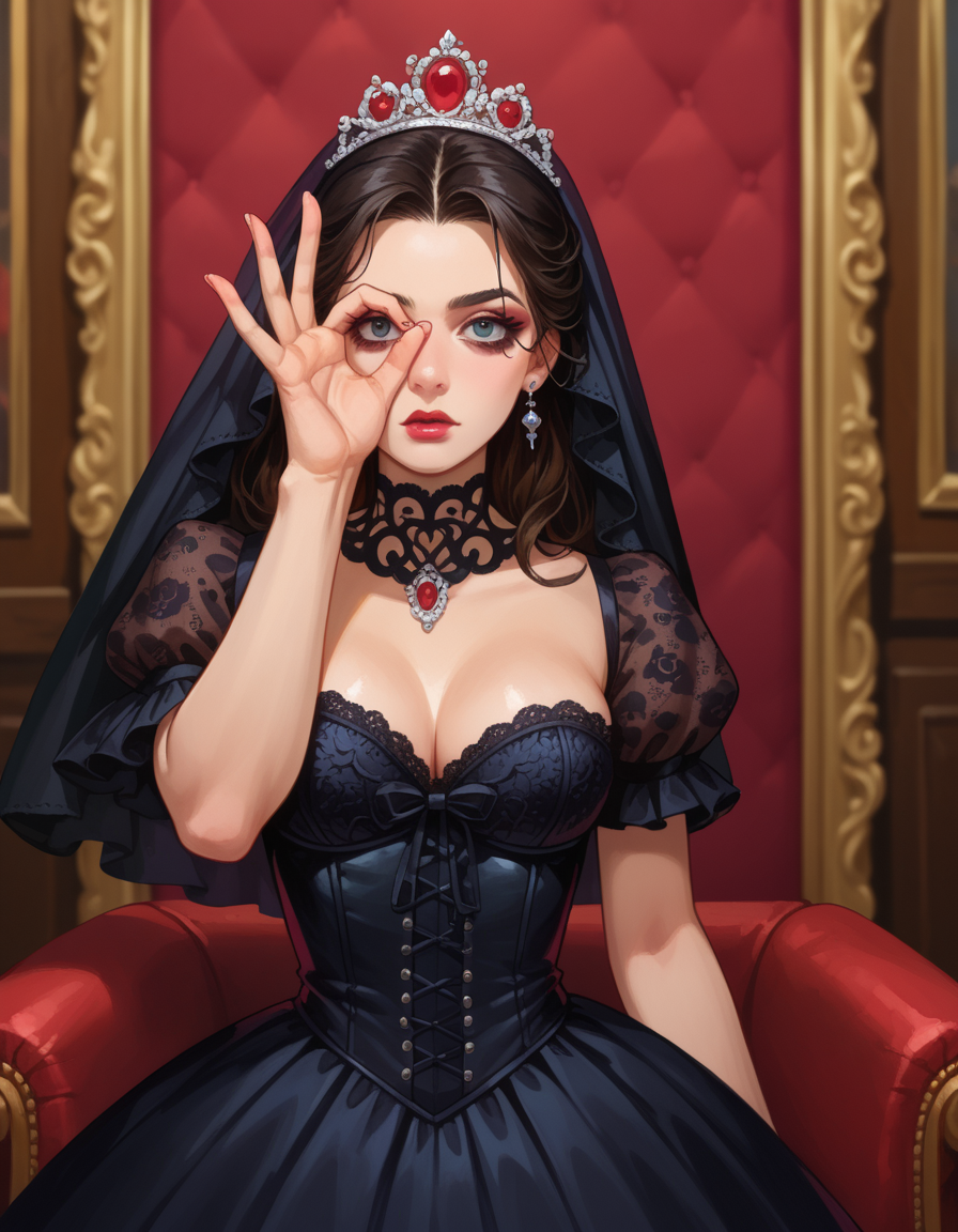 score_9, score_8_up, score_7_up, score_6_up, score_9, score_8_up, score_8, 1girl, This modern gothic bridal gown takes inspiration from Victorian fashion with a nod to dark allure. The gown features a fitted black corset bodice adorned with modern black 3D floral appliques and a flowy black skirt with a hint of gothic-inspired lace trim. The model's hair is styled in a sleek and elegant updo, adorned with a gothic-inspired tiara and a classic black veil, celebrating the blend of gothic elegance and classic bridal aesthetics. The makeup is hauntingly beautiful, with a focus on pale skin and deep, captivating eyes, reflecting the timeless charm with a modern twist., hud_illum1nat1, ok sign over face, <lora:hud_illum1nat1_XLP:0.8>