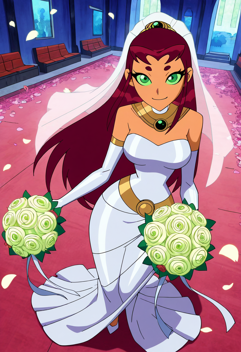 masterpiece, best quality, solo, curvy, beautiful eyes,  narrow waist, wide hips,  strfr, green eyes, red hair, long hair, colored sclera, green sclera, smile, looking at viewer,   ,       <lora:StarfireTT_IXL:1.0>,   dynamic angle, foreshortening, close up, [Elegant Bridal Moment], Strapless wedding dress, elbow-length gloves, flowing bridal veil, white heels, delicate bouquet, Standing in a sunlit garden aisle, surrounded by soft flower petals and dappled light filtering through trees, radiating grace before the ceremony.