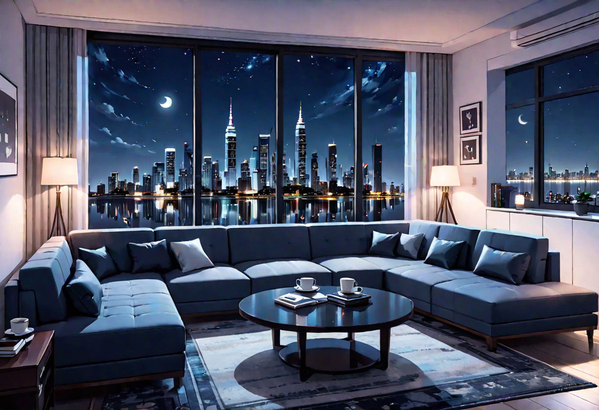 ((front view)), Shallow scene, (((animation style))), (night), modern-style interior, with white walls, (large windows), a  study, Sofa, coffee table, bookcase, single wall, ((dark room)), quiet and mysterious night sky, starry sky, moonlight, city night view, (City high-rise building scenery), (City scenery outside the window)
