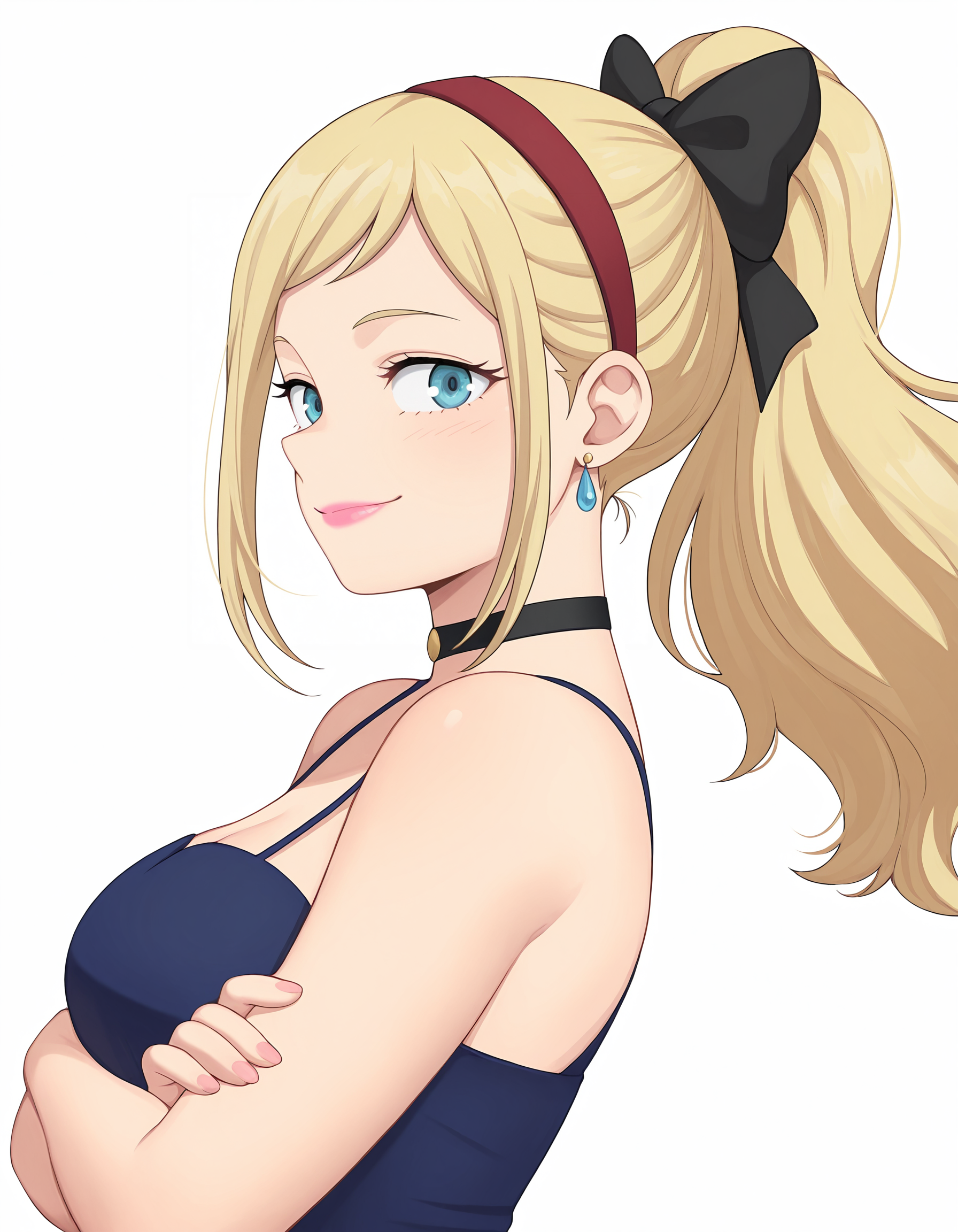 <lora:Melissa Illu:1>
1girl, solo,
mel1ssa, blonde hair, long hair, blue eyes, 
pink lipstick, blue dress, red hairband, bare shoulders, royal blue dress, choker, earrings, ponytail, black hair bow, black bow, 
crossed arms, 
from side, looking at viewer, closed smile, 
simple background, white background,, masterpiece, best quality, amazing quality