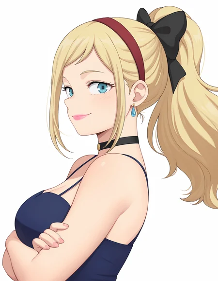 <lora:Melissa Illu:1>
1girl, solo,
mel1ssa, blonde hair, long hair, blue eyes,
pink lipstick, blue dress, red hairband, bare shoulders, royal blue dress, choker, earrings, ponytail, black hair bow, black bow,
crossed arms,
from side, looking at viewer, closed smile,
simple background, white background,, masterpiece, best quality, amazing quality