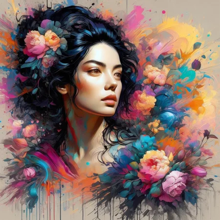 inkbaroque, 1woman, portrait, black hair, flowers, colorful, beautiful lighting,