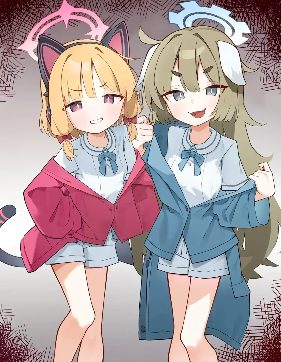 2girls, quarterlift, sattinittas, yakumo \(blue archive\), momoi \(blue archive\),  blue archive, smug, v-shaped eyebrows, droopy ears, dog girl, mesugaki, fake animal ears, bullying, feet out of frame, best quality, very aesthetic, <lora:yakumo_(blue archive)_2-000018:1>