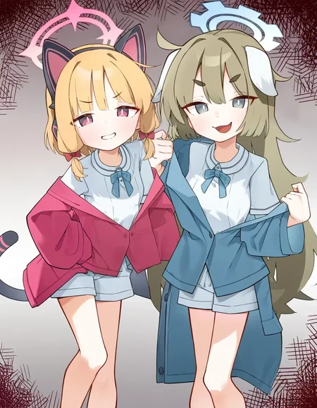 2girls, quarterlift, sattinittas, yakumo \(blue archive\), momoi \(blue archive\),  blue archive, smug, v-shaped eyebrows, droopy ears, dog girl, mesugaki, fake animal ears, bullying, feet out of frame, best quality, very aesthetic, <lora:yakumo_(blue archive)_2-000018:1>
