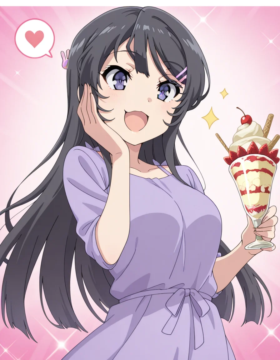 masterpiece, best quality, amazing quality,, <lora:mai-sakurajima-s1-illustriousxl-lora-nochekaiser:1>, mai sakurajima, long hair, bangs, black hair, hair ornament, purple eyes, hairclip, rabbit hair ornament, breasts, anime screencap, <lora:parfait-illustriousxl-lora-nochekaiser:1>, parfait, open mouth, heart, food, sparkle, fruit, happy, hand on own face, spoken heart, ice cream, strawberry, spoon, hand on own cheek, cherry, holding spoon, <lora:dynamic-pose-illustriousxl-lora-nochekaiser:1>, dynamic pose, jumping, cowboy shot, :p, open mouth, , ,