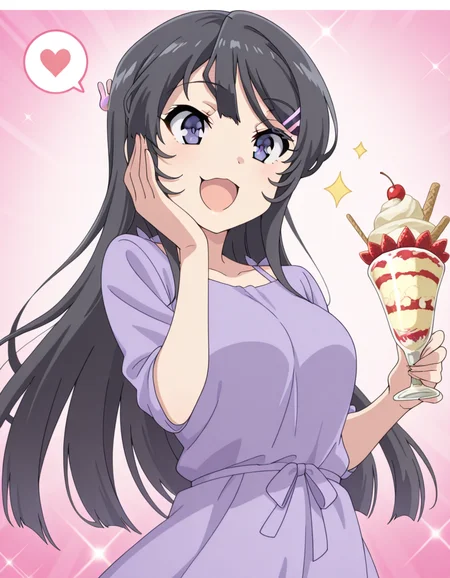 masterpiece, best quality, amazing quality,, <lora:mai-sakurajima-s1-illustriousxl-lora-nochekaiser:1>, mai sakurajima, long hair, bangs, black hair, hair ornament, purple eyes, hairclip, rabbit hair ornament, breasts, anime screencap, <lora:parfait-illustriousxl-lora-nochekaiser:1>, parfait, open mouth, heart, food, sparkle, fruit, happy, hand on own face, spoken heart, ice cream, strawberry, spoon, hand on own cheek, cherry, holding spoon, <lora:dynamic-pose-illustriousxl-lora-nochekaiser:1>, dynamic pose, jumping, cowboy shot, :p, open mouth, , ,