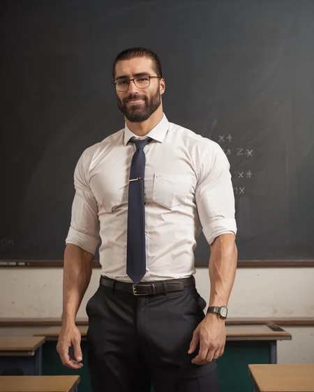 RAW photo, portrait photo of gigachad <lora:Gigachadv1:0.9> as a (professor:1.3), (torn shirt:1.1), classroom, blackboard, 8k uhd, dslr, high quality, film grain, Fujifilm XT3