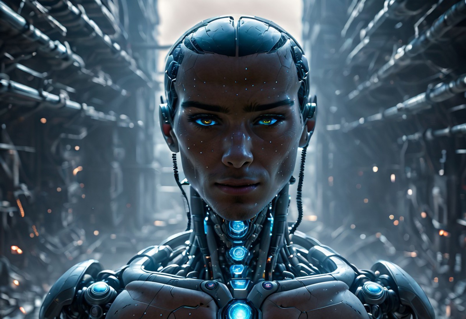 realistic image with morning high quality on the subject of the world ruled by artificial intelligence in the future, visualization of the life of people ruled by AI