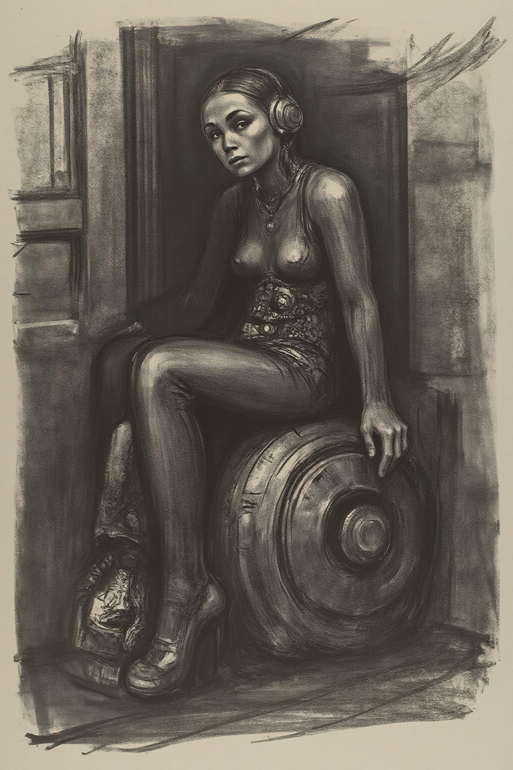 kako1 black and whitel charcoal drawing. 
a striking, futuristic scene depicts a woman dressed in sleek, form-fitting leather attire, sitting confidently atop an open power suit, inspired by the cyberpunk aesthetics of Masamune Shirow. The power suit, a blend of advanced technology and military-grade armor, features intricate mechanical details, exposed wiring, and a robust, yet streamlined design. The woman, wearing a cutting-edge VR headset, exudes a sense of control and mastery over the machine beneath her. Her posture is relaxed yet commanding, with one hand resting on the suit’s metallic surface and the other casually holding a piece of advanced tech. The background is a high-tech industrial setting, with dim lighting that casts dramatic shadows, highlighting the fusion of human and machine. The overall atmosphere is one of futuristic coolness and cybernetic elegance, capturing the essence of Shirow’s iconic style   <lora:kako1_litho_nocap_d6a3:1.0><lora:814724256605910100:0>