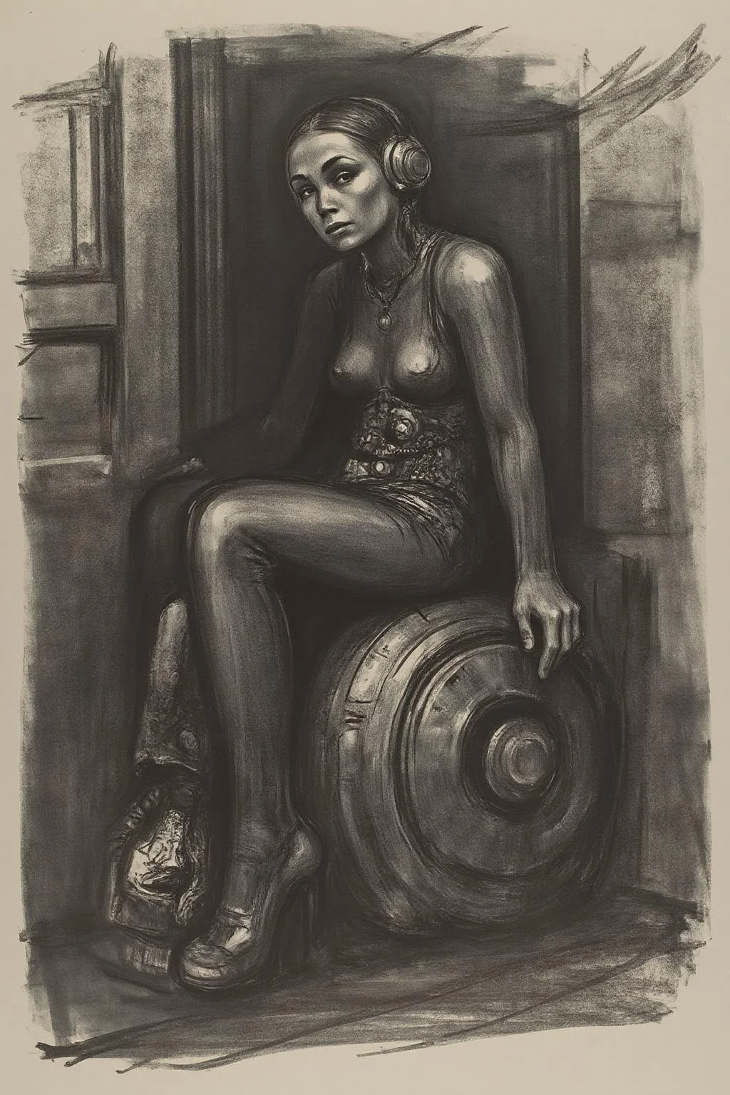 kako1 black and whitel charcoal drawing. 
a striking, futuristic scene depicts a woman dressed in sleek, form-fitting leather attire, sitting confidently atop an open power suit, inspired by the cyberpunk aesthetics of Masamune Shirow. The power suit, a blend of advanced technology and military-grade armor, features intricate mechanical details, exposed wiring, and a robust, yet streamlined design. The woman, wearing a cutting-edge VR headset, exudes a sense of control and mastery over the machine beneath her. Her posture is relaxed yet commanding, with one hand resting on the suit’s metallic surface and the other casually holding a piece of advanced tech. The background is a high-tech industrial setting, with dim lighting that casts dramatic shadows, highlighting the fusion of human and machine. The overall atmosphere is one of futuristic coolness and cybernetic elegance, capturing the essence of Shirow’s iconic style   <lora:kako1_litho_nocap_d6a3:1.0><lora:814724256605910100:0>