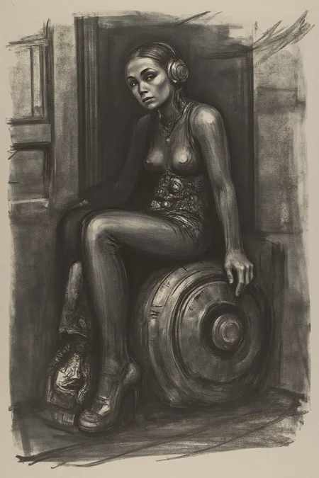 kako1 black and whitel charcoal drawing. 
a striking, futuristic scene depicts a woman dressed in sleek, form-fitting leather attire, sitting confidently atop an open power suit, inspired by the cyberpunk aesthetics of Masamune Shirow. The power suit, a blend of advanced technology and military-grade armor, features intricate mechanical details, exposed wiring, and a robust, yet streamlined design. The woman, wearing a cutting-edge VR headset, exudes a sense of control and mastery over the machine beneath her. Her posture is relaxed yet commanding, with one hand resting on the suit’s metallic surface and the other casually holding a piece of advanced tech. The background is a high-tech industrial setting, with dim lighting that casts dramatic shadows, highlighting the fusion of human and machine. The overall atmosphere is one of futuristic coolness and cybernetic elegance, capturing the essence of Shirow’s iconic style   <lora:kako1_litho_nocap_d6a3:1.0><lora:814724256605910100:0>