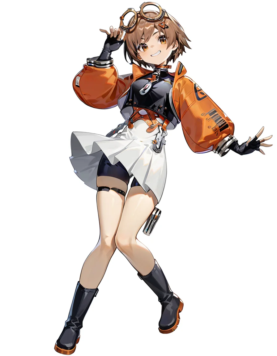 masterpiece,best quality,very aesthetic,absurdres,
<lora:qianqiu_xl:0.8>,felllowmoon-qianqiu,1girl,solo,brown hair,gloves,fingerless gloves,goggles,short hair,smile,goggles on head,boots,white background,skirt,brown eyes,black gloves,bike shorts,simple background,shorts under skirt,jacket,shorts,full body,looking at viewer,hair ornament,grin,