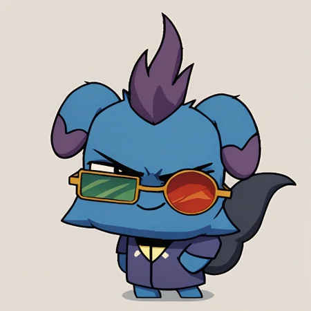 cu1t art style, 2d, Teasing, A playful smirk, a raised eyebrow, and a hint of dominance, Depresso, blue body, purple hair, black tail, sjglasses,