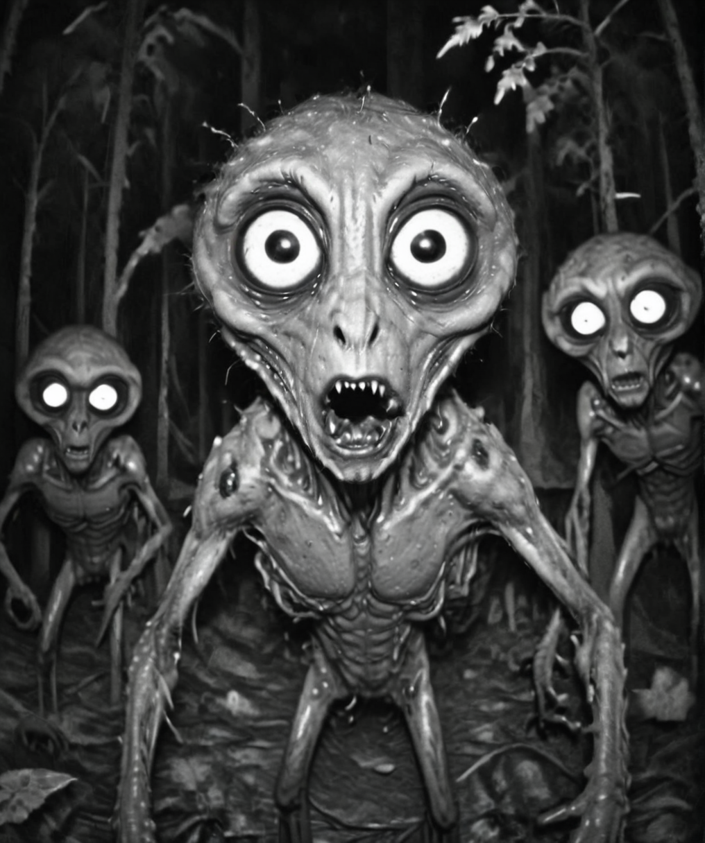 Camera trap, monochrome, creepy alian looking at the camera, horror   <lora:Camera trap:1>