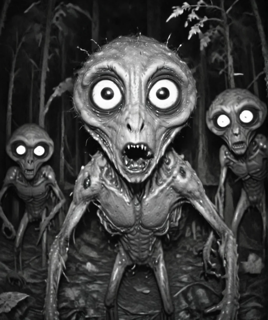 Camera trap, monochrome, creepy alian looking at the camera, horror <lora:Camera trap:1>