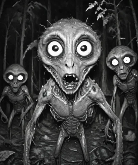 Camera trap, monochrome, creepy alian looking at the camera, horror   <lora:Camera trap:1>