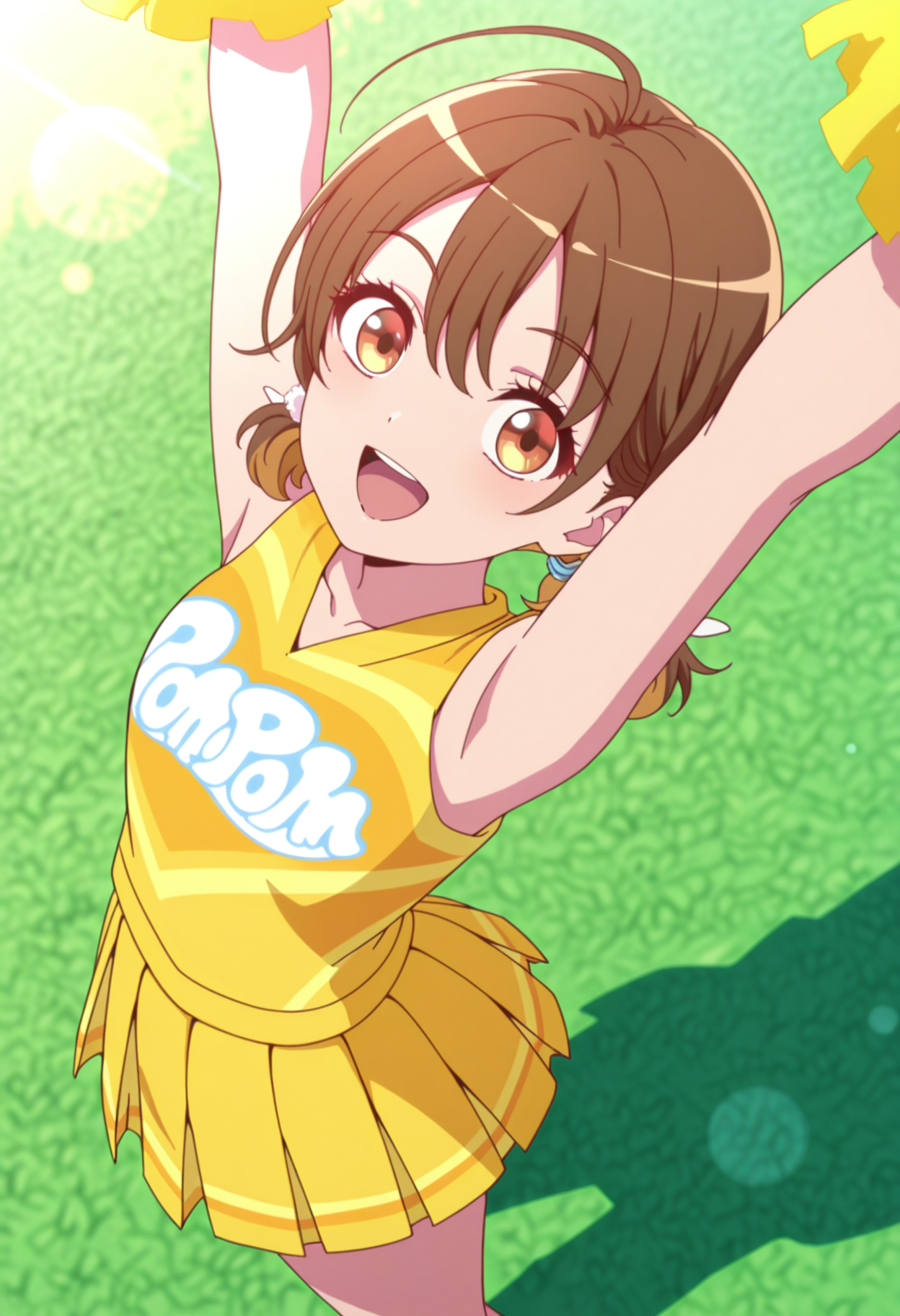 masterpiece, best quality, very aesthetic, anime, detailed background, 1girl, looking at viewer, smile, outdoors, open mouth, close up, stage
  <lora:KanataMisora_NaNare:0.9> kanatamisora, brown hair, brown eyes, ahoge, twintails, short twintails, dynamic pose, dynamic angle
pom pom (cheerleading), cheerleader, arms up, skirt, yellow outfit, from above