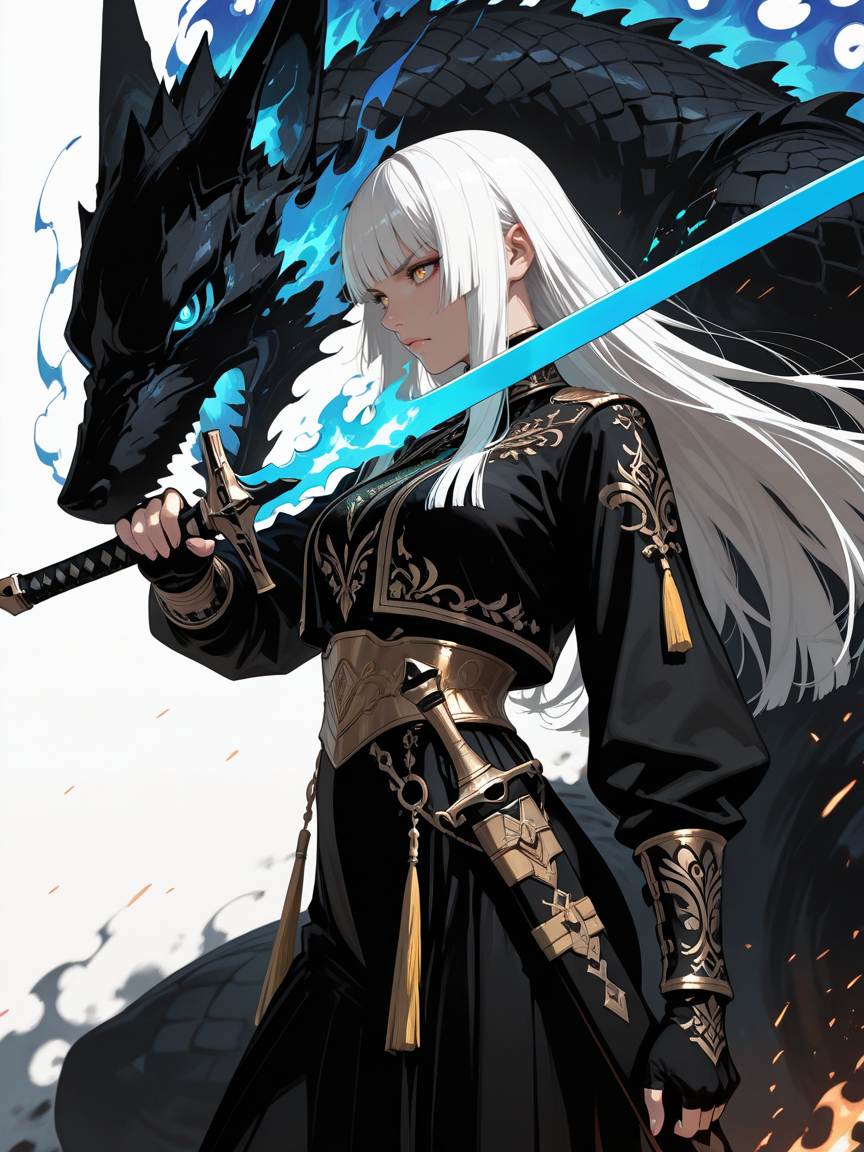 masterpiece, best_quality, amazing quality, newest, add detail+,
semi-real, 2.8d.
1girl, serious expression.
white hair, blunt bangs, hime cut.
wearing gold embroidered clothes, fingerless gloves, jacket.
holding, holding sword, holding 1weapon, sheath,  glowing, blue flaming sword, sword in front of face, (unsheathing), tassel, guardian,
fire, blue flame.
simple white background, sparks,
black and gold theme.
(shoot from side), no lineart,
dynamic composition, dynamic angle.
<lora:Add-cfg_scale_boost:0.>
<lora:add-detail-xl:0.>
detailxl 
<lora:Sinozick_style:0.5> Sinozick_illu, gradient, spot color