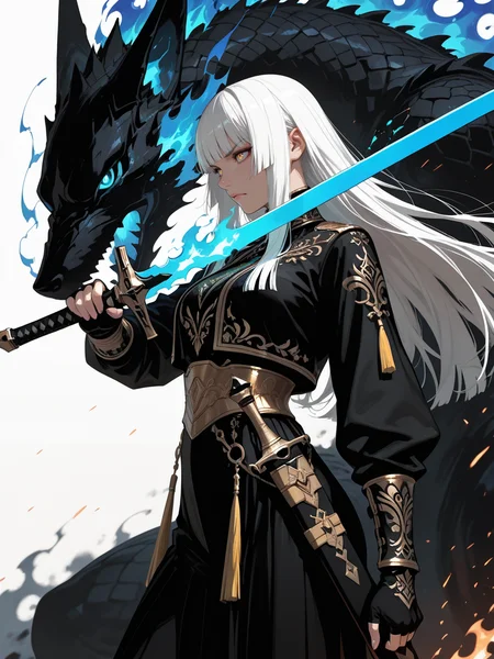 masterpiece, best_quality, amazing quality, newest, add detail+,
semi-real, 2.8d.
1girl, serious expression.
white hair, blunt bangs, hime cut.
wearing gold embroidered clothes, fingerless gloves, jacket.
holding, holding sword, holding 1weapon, sheath, glowing, blue flaming sword, sword in front of face, (unsheathing), tassel, guardian,
fire, blue flame.
simple white background, sparks,
black and gold theme.
(shoot from side), no lineart,
dynamic composition, dynamic angle.
<lora:Add-cfg_scale_boost:0.>
<lora:add-detail-xl:0.>
detailxl
<lora:Sinozick_style:0.5> Sinozick_illu, gradient, spot color