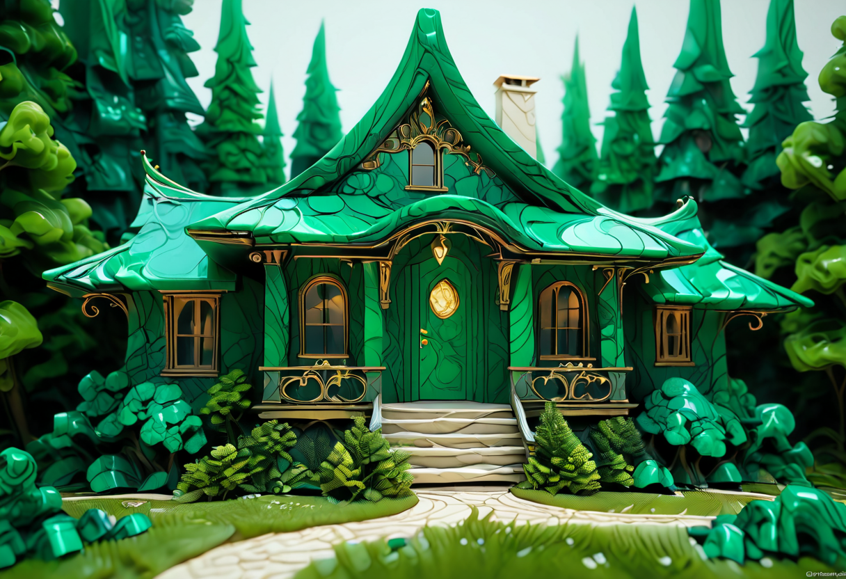 cottage in the woods, sharp outlines, high contrast, masterpiece, detailed, intricate, ornamental, elegant, malachite_style