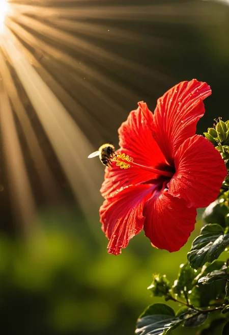 macro photography, bee, (pollen), red hibiscus, morning dew, golden hour, light rays, <lora:add-detail-xl:1>