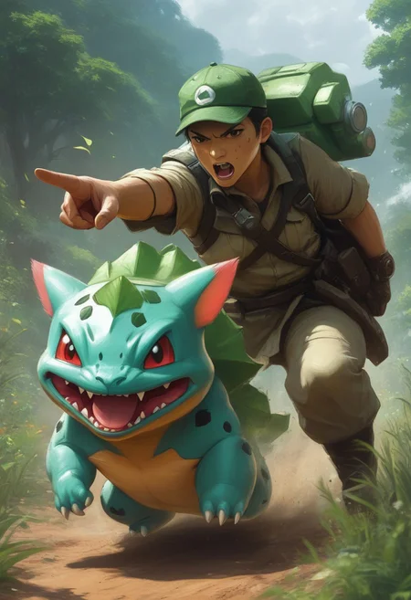 Ranger and Bulbasaur, Charging, pointing, pokemon