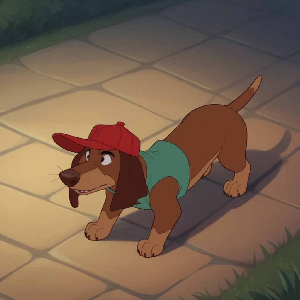 score_9, score_8_up, score_7_up, score_6_up, score_5_up, score_4_up, source_furry, ItchyItchiford, feral, male, Dachshund, brown fur, green shirt, sleeveless, red hat, running on all fours, outside,