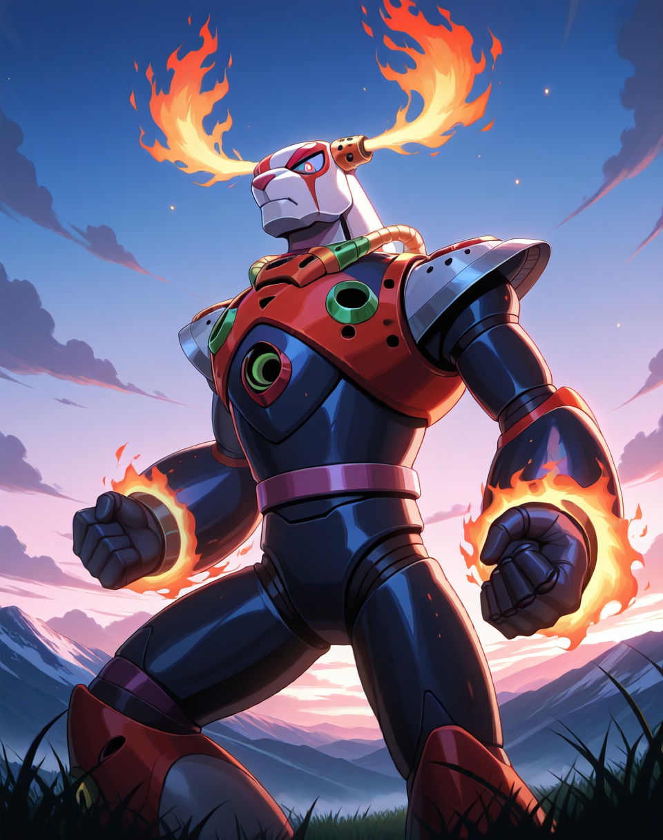 <lora:Flame_Stag_(Mega_Man_X)_(Illustrious)_(AD):1.35> Flame Stag, reploid, MMX, 
exterior, sky with clouds, grassy valley,
male focus, intense shadows, dynamic shadows, intricate details, attention to details, gradient coloring, bright vivid colors, robot, bent leg, glossy metal body, dynamic action, cowboy shot, 
BREAK very awe, masterpiece, best quality, amazing quality, very aesthetic, highres, absurdres, photographic realism, 8K CGI render,
EZRealPONYXL, zPDXL, Smooth Quality, lazynsfw,
