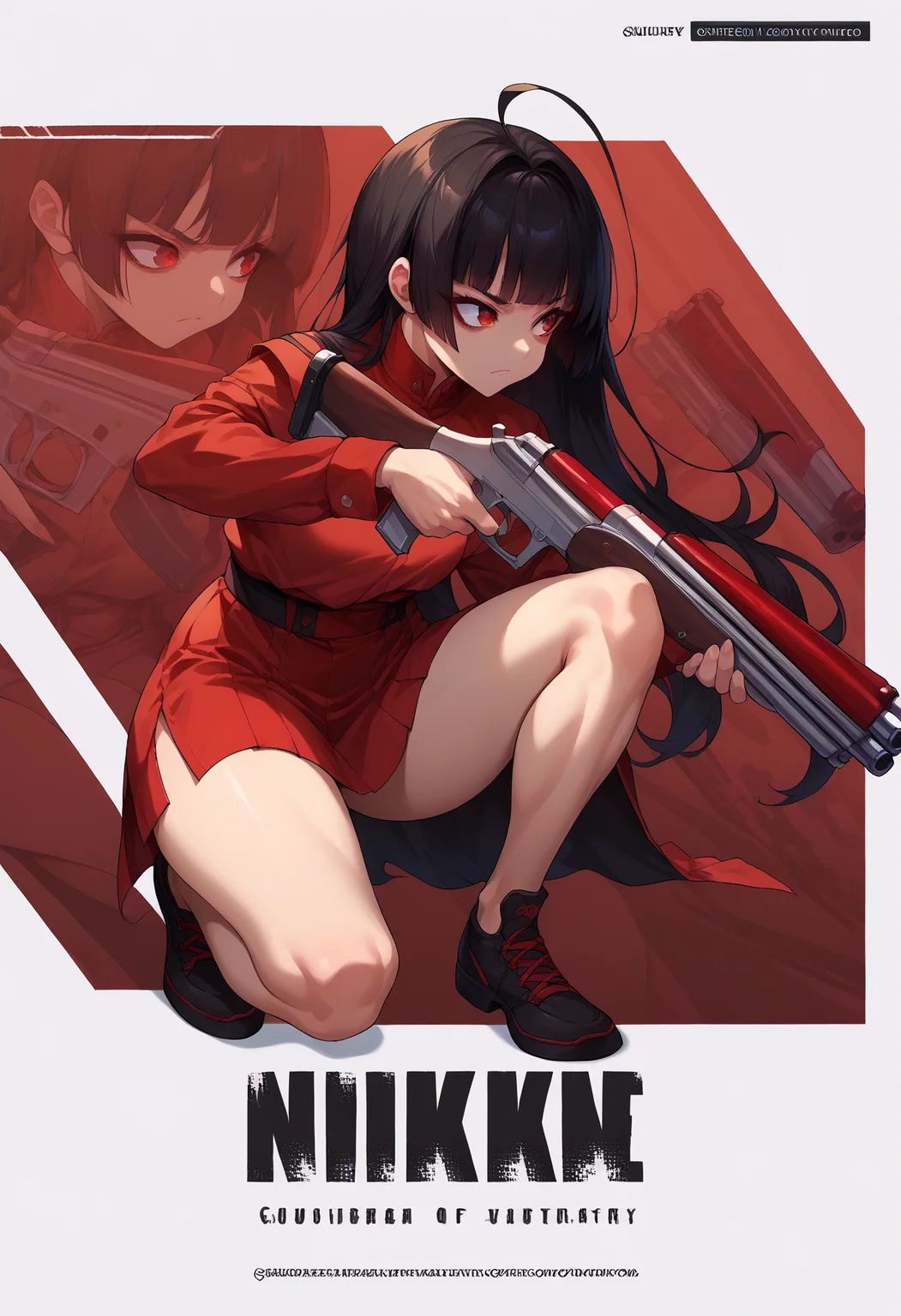 score_9, score_8_up,score_7_up, source_anime, 1girl, solo, <lora:EPbaTsurugi_epoch_8:0.8>, EPbaTsurugi, black hair, long hair, red eyes, blunt bangs, ahoge,  <lora:NikkeProfileV2_XLPD:1>, full body, zoom layer, on one knee, holding gun, shotgun