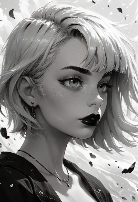 score_9, score_8_up, score_7_up, score_6_up, aesthetic, punk, goth girl, g0thicPXL, 
1girl, (sexy 18 year old tomboy, perfect body, fair skin, cute face, freckles, dimples, green eyes, medium breasts, large eyes, petite, very cute, white hair, bob cut, sidelocks, thick eyebrows,)
(((detailed background))), vibrant, lively, (masterpiece:1.2), ultra-detailed, (best quality), illustration, (Depth of field), dynamic lighting, high-contrast, (flashy gyaru:1.2), (dynamic and energetic poses:1.2), 
add_detail:1, add_detail:0, add_detail:0.5, close up, half body shot,
((((
black lips, white theme:1.4, deep black and white, mysterious atmosphere:1.2, her hair blows in the wind, attractive, portrait, dark fantasy world, 
<lora:CharcoalDarkStylePony:0.25>
)))),