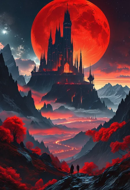 A captivating night scene illustration featuring a forboding and haunted futuristic space base on a great great mountain. The great technologically advanced base and mountain are much like Neuschwanstein Castle in Bavaria. This enchanting artwork captures a dark and ominous night, where an ominous red bloodmoon hangs above and over the tree covered mountain range and advanced space fortress which stands resolute amidst the great mountains, winged flying spaceships flying around, creating a cinematic experience., illustration, cinematic
<lora:DonM3t3rn1tyXL-v1.1:0.7>, DonM3t3rn1tyXL,
OverallDetailXL <lora:MJ52:0.3> <lora:SDXLFaeTastic2400:0.4> <lora:EpicF4nta5yXL:0.7>