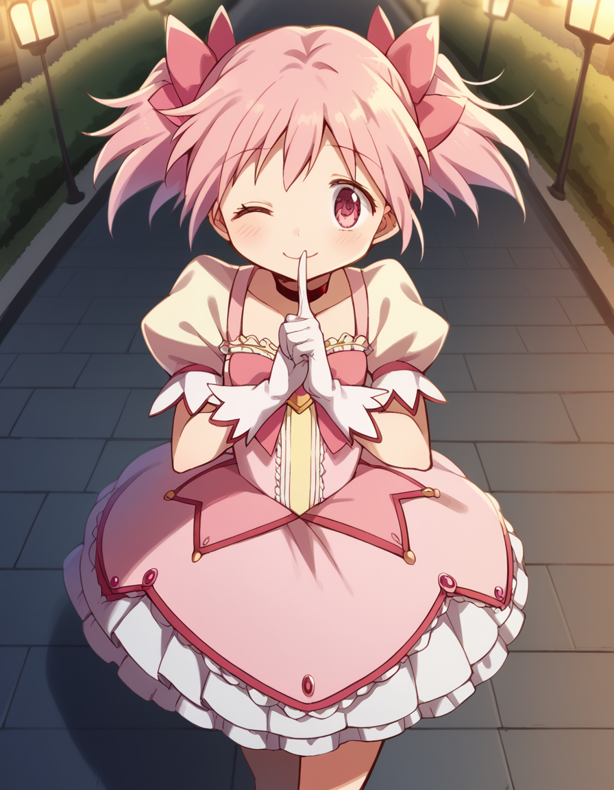 score_9, score_8_up, score_7_up, source_anime, <lora:madoka-kaname-s1-ponyxl-lora-nochekaiser:1>, madoka kaname, short hair, ribbon, twintails, hair ribbon, pink hair, pink eyes, short twintails,, skirt, gloves, dress, bow, choker, puffy sleeves, white gloves, magical girl, bubble skirt,, city street, evening, streetlights, walking dog, quiet neighborhood, gentle breeze, , <lora:shushing-ponyxl-lora-nochekaiser:1>, shushing, finger to mouth, index finger raised, from above, library, smile, blush, one eye closed, dutch angle,, looking at viewer, solo,, dutch angle, cowboy shot