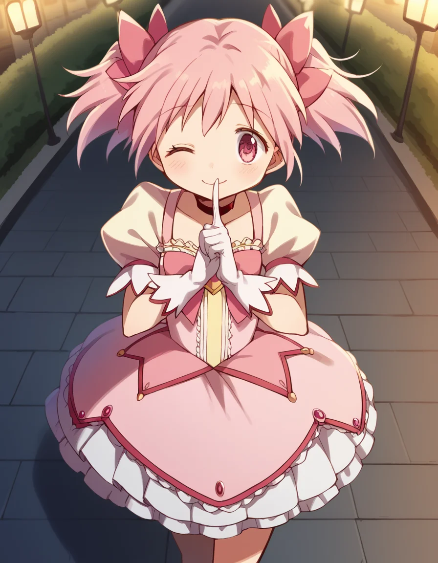 score_9, score_8_up, score_7_up, source_anime, <lora:madoka-kaname-s1-ponyxl-lora-nochekaiser:1>, madoka kaname, short hair, ribbon, twintails, hair ribbon, pink hair, pink eyes, short twintails,, skirt, gloves, dress, bow, choker, puffy sleeves, white gloves, magical girl, bubble skirt,, city street, evening, streetlights, walking dog, quiet neighborhood, gentle breeze, , <lora:shushing-ponyxl-lora-nochekaiser:1>, shushing, finger to mouth, index finger raised, from above, library, smile, blush, one eye closed, dutch angle,, looking at viewer, solo,, dutch angle, cowboy shot