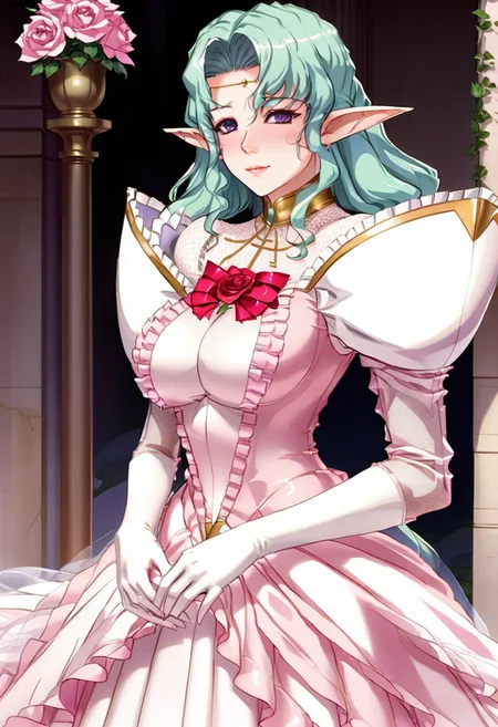 Arietta Elfinrine, delicate lady, violet eyes, blush, beautiful lips, lipgloss, luscius lips, circlet, cross collar, white sheer mesh, pink gown with sleeves, big red ribbon with a rose at center on her chest, elbow gloves, detailed and Intricate, masterpiece