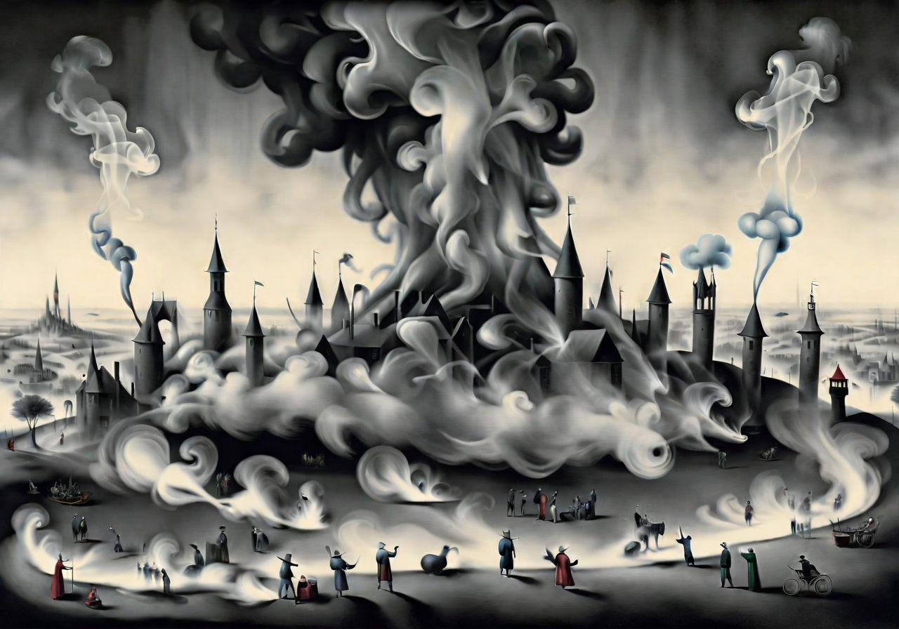 <lora:Smoke_XL:1> landscape of people in the form of smoke_xl in the style of Hieronymus Bosch