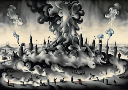<lora:Smoke_XL:1> landscape of people in the form of smoke_xl in the style of Hieronymus Bosch