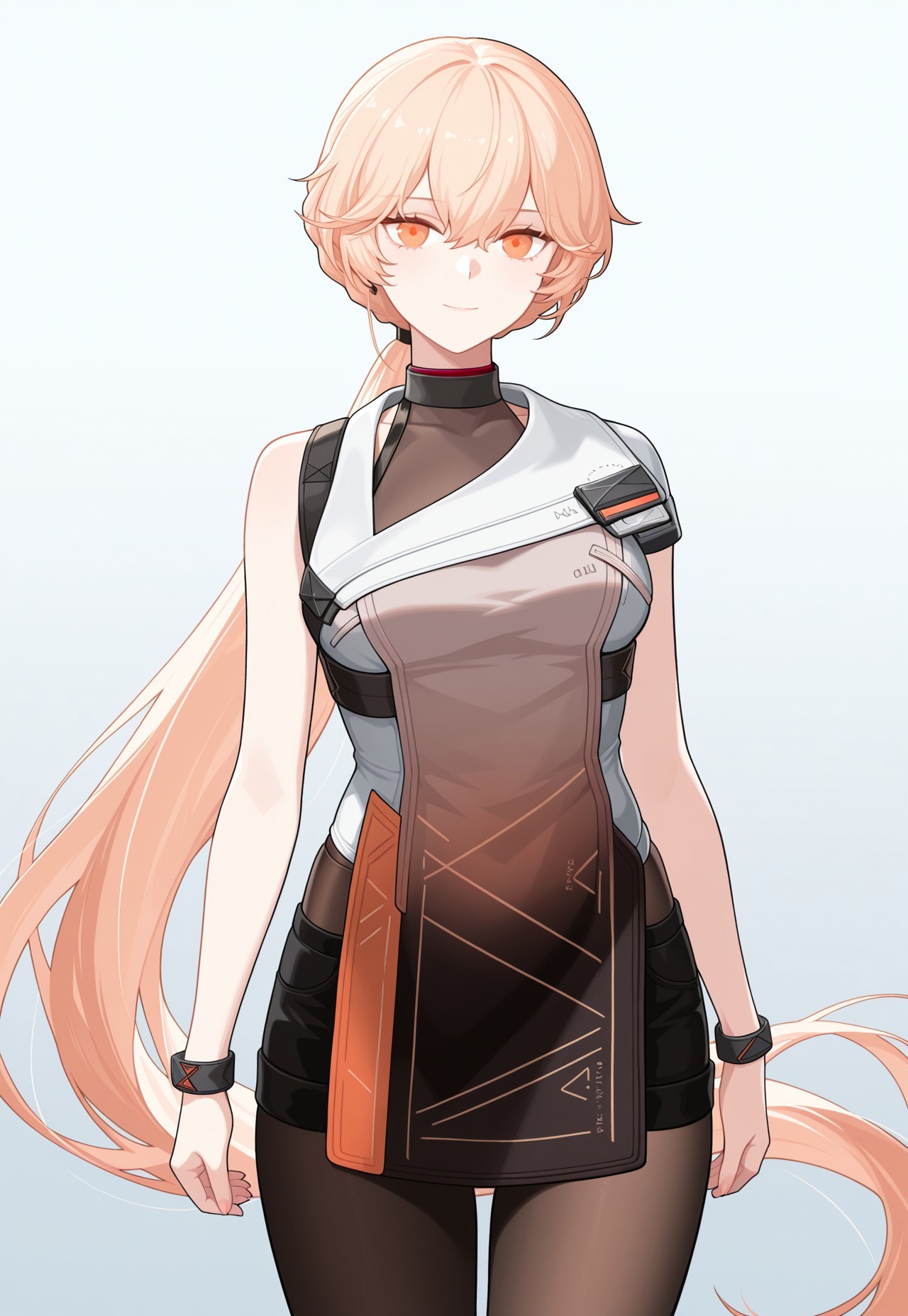 masterpiece, best quality, good quality, very aesthetic, absurdres, newest, 8K, focused subject BREAK 1girl, cowboy shot, ots-14 \(girls' frontline\), ponytail, orange eyes, blonde hair, elmodorm, sleeveless, zipper, arms at side, looking at viewer, slight smile, pantyhose