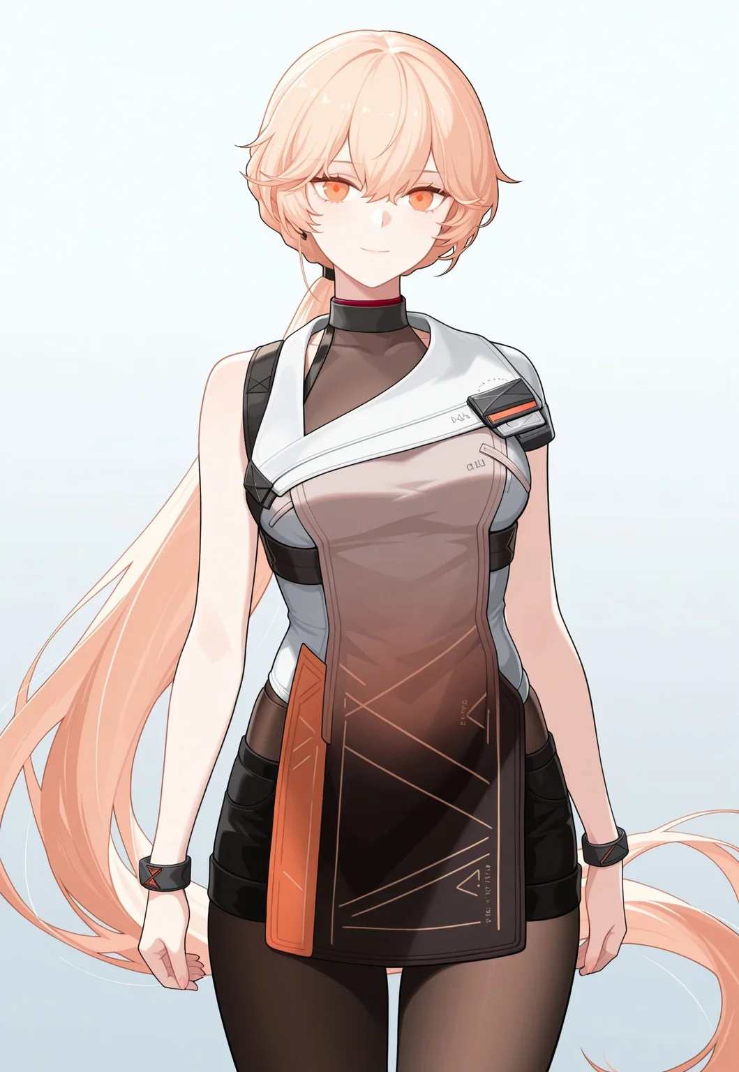 masterpiece, best quality, good quality, very aesthetic, absurdres, newest, 8K, focused subject BREAK 1girl, cowboy shot, ots-14 \(girls' frontline\), ponytail, orange eyes, blonde hair, elmodorm, sleeveless, zipper, arms at side, looking at viewer, slight smile, pantyhose