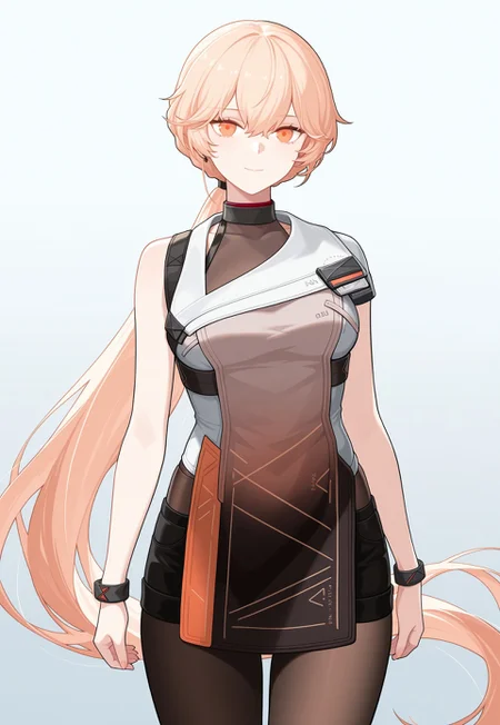 masterpiece, best quality, good quality, very aesthetic, absurdres, newest, 8K, focused subject BREAK 1girl, cowboy shot, ots-14 \(girls' frontline\), ponytail, orange eyes, blonde hair, elmodorm, sleeveless, zipper, arms at side, looking at viewer, slight smile, pantyhose