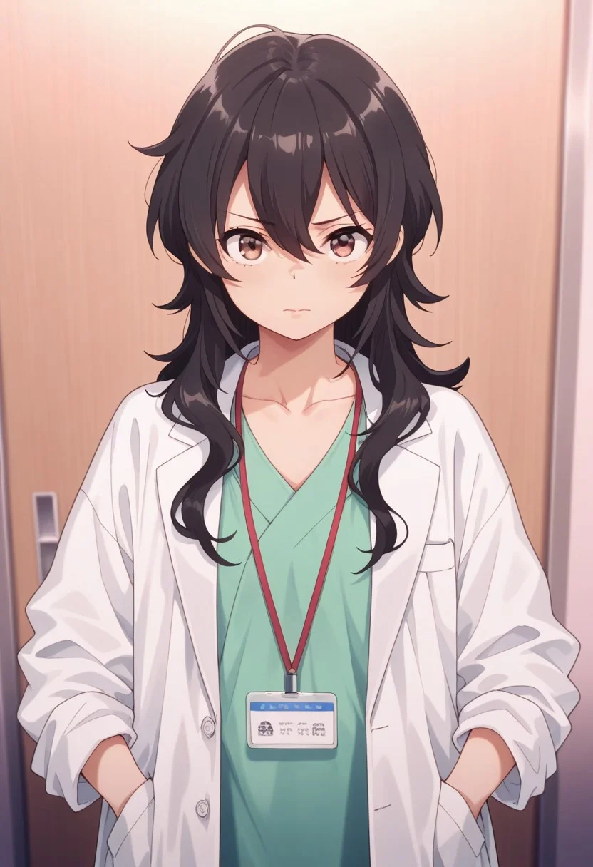 masterpiece,best quality,amazing quality, ameku takao, long hair, black hair, brown eyes, 1girl, solo, labcoat, looking at viewer, collarbone, hair between eyes, closed mouth