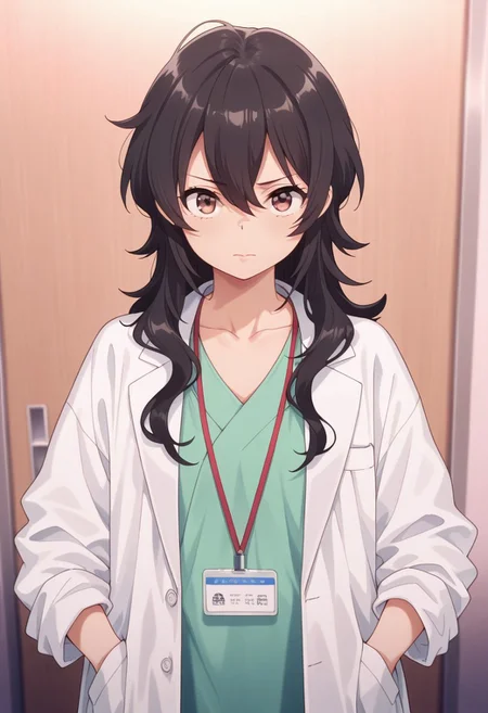 masterpiece,best quality,amazing quality, ameku takao, long hair, black hair, brown eyes, 1girl, solo, labcoat, looking at viewer, collarbone, hair between eyes, closed mouth