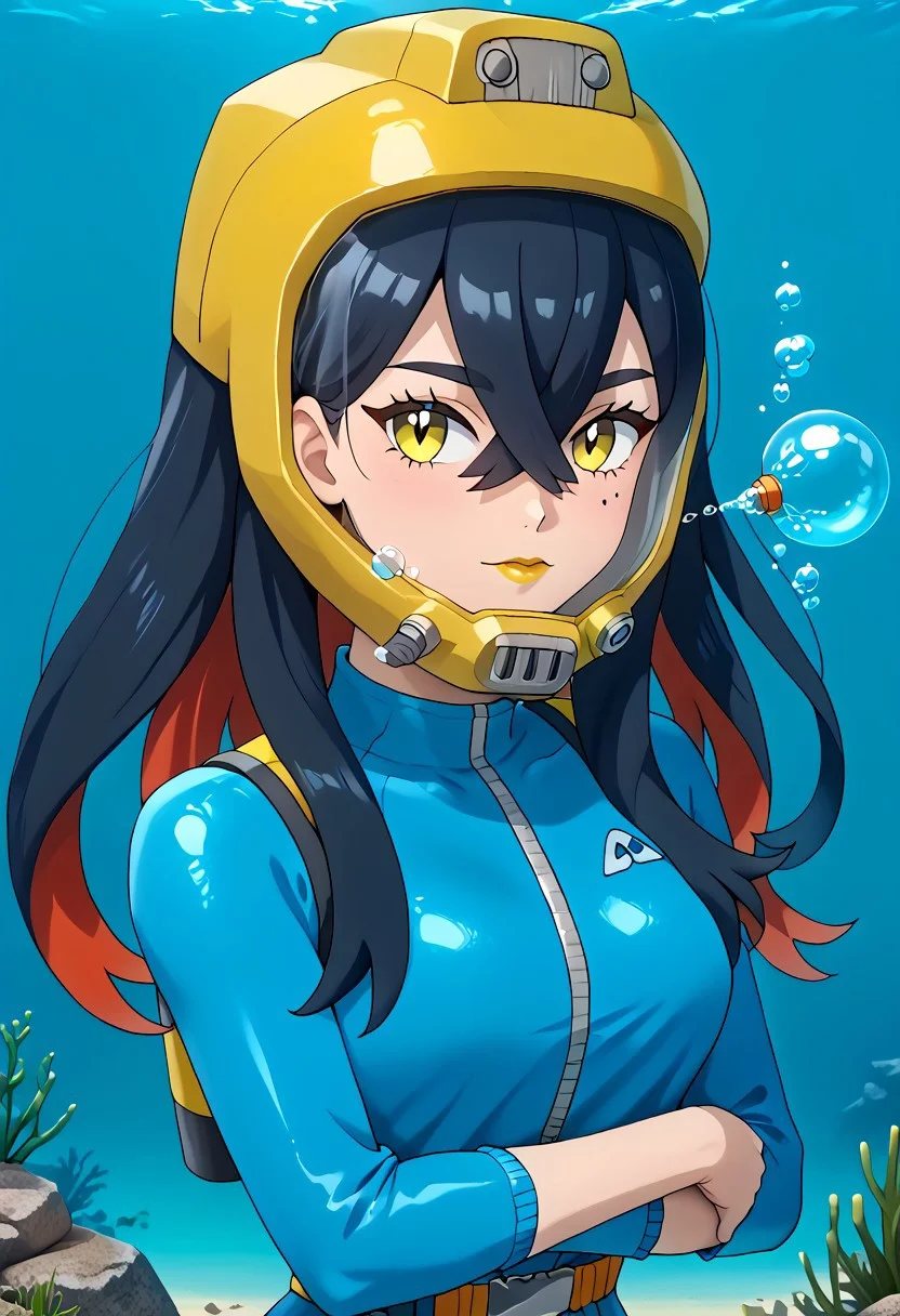 PokemonStyle, pokemon \(anime\), full body,solo female, score_9, score_8, score_7, score_6_up, source_anime, anime coloring, anime screencap, official art,
BREAK full body, 1girl, black hair, colored inner hair, crossed bangs, hair between eyes, hairband, long hair under helmet, mole, mole under eye, multicolored hair, red hair, sidelocks, two-tone hair, yellow eyes, low lipstick only, floating hair, (blue wetsuit), long sleeves, bare legs, beautiful legs, barefoot,
BREAK
(pokemoncarmine wearing (snug fitting, head-sized(yellow diving helmet ))), (helmet overlapping chin, helmet overlapping cheeks, helmet overlapping jawline, helmet overlapping ears), shiny glass visor:0.5, 
BREAK underwater, seafloor, rocks, sea-green background:0.25, sea-green overlay:0.55, seaweed, neck 
BREAK blue background:0.25, bubbles, BREAK mask snugly on face, regulator, breathing tube, orange oxygen tank strapped to back, harness tightly on chest, belt, swimmingai, floating, bubbles, looking at viewer, diving, looking to side, aloof, closed mouth, vents on helmet, covered ears,