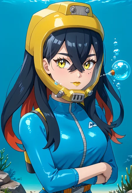PokemonStyle, pokemon \(anime\), full body,solo female, score_9, score_8, score_7, score_6_up, source_anime, anime coloring, anime screencap, official art,
BREAK full body, 1girl, black hair, colored inner hair, crossed bangs, hair between eyes, hairband, long hair under helmet, mole, mole under eye, multicolored hair, red hair, sidelocks, two-tone hair, yellow eyes, low lipstick only, floating hair, (blue wetsuit), long sleeves, bare legs, beautiful legs, barefoot,
BREAK
(pokemoncarmine wearing (snug fitting, head-sized(yellow diving helmet ))), (helmet overlapping chin, helmet overlapping cheeks, helmet overlapping jawline, helmet overlapping ears), shiny glass visor:0.5,
BREAK underwater, seafloor, rocks, sea-green background:0.25, sea-green overlay:0.55, seaweed, neck
BREAK blue background:0.25, bubbles, BREAK mask snugly on face, regulator, breathing tube, orange oxygen tank strapped to back, harness tightly on chest, belt, swimmingai, floating, bubbles, looking at viewer, diving, looking to side, aloof, closed mouth, vents on helmet, covered ears,