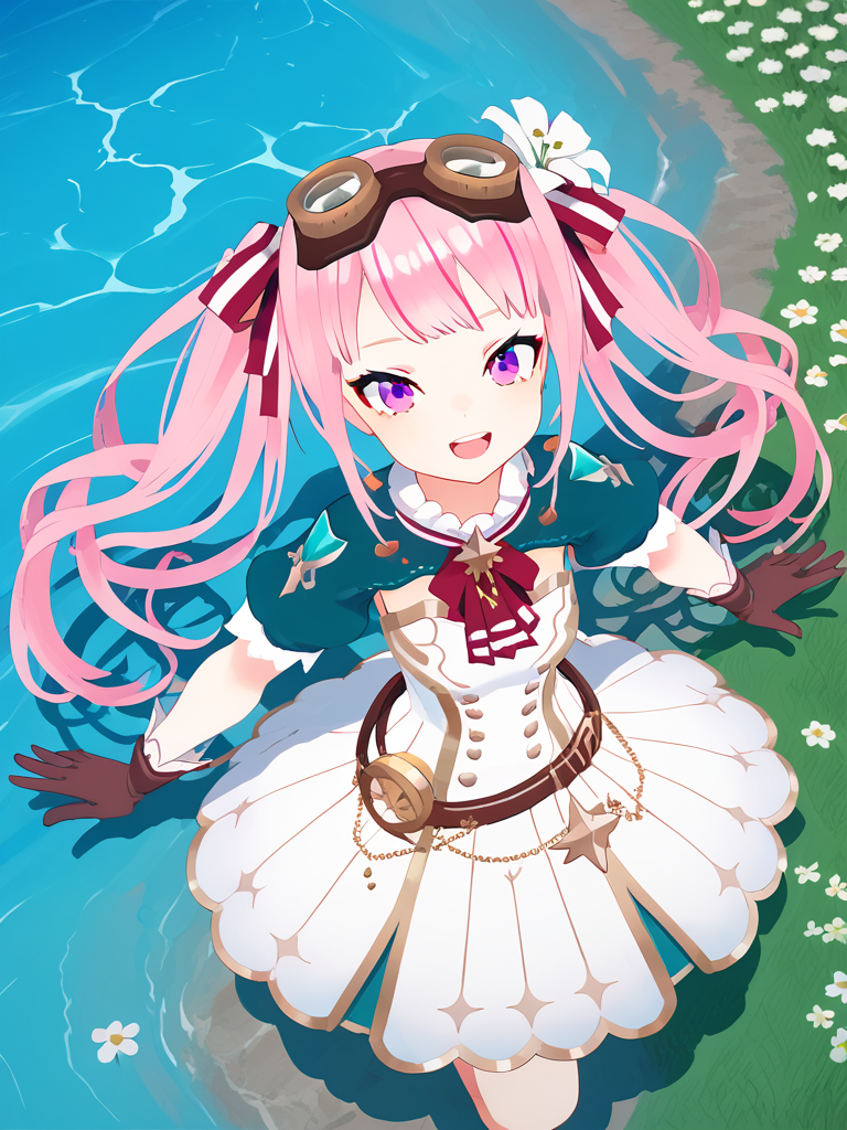 score_9,score_8_up,score_7,huge filesize,wallpaper,HH_hime,1girl,solo,virtual youtuber,pink hair,twintails,long hair,bangs,purple eyes,open mouth,smile,goggles,goggles on head,dress,hair flower,hair ribbon,gloves,looking at viewer,from above,<lora:HimeTanaka_PONY_V3:0.8>,<lora:Eyes_Lora_Pony_Perfect_eyes:0.8>,