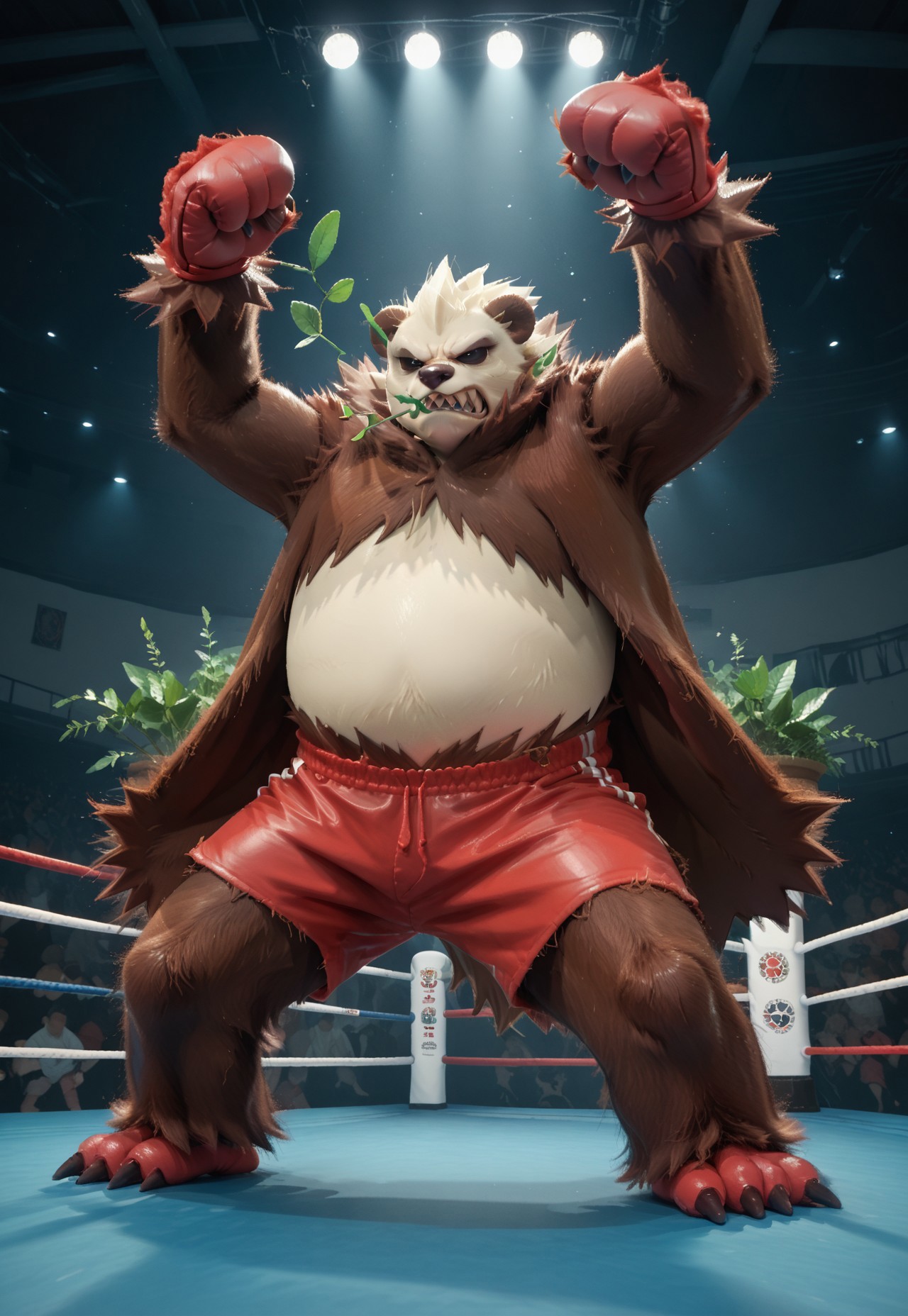 Score_7_up, score_8_up, score_9, full body, pangoro, shiny Pokemon, red hands, brown and white fur, fur cape, plant in mouth, empty eyes, arms raised, angry, sharp teeth, fighting pose, indoors, dramatic lighting, boxing shorts